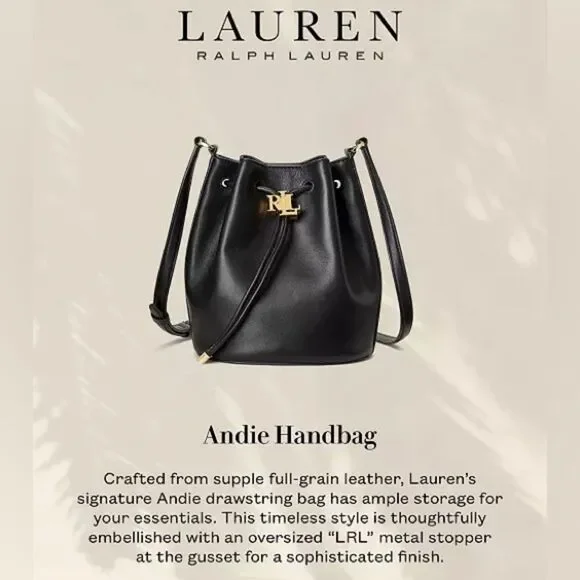 Lauren Ralph Lauren Tan Smooth Leather Medium Andie Drawstring Bag, New w/Tag - Picture 16 of 16